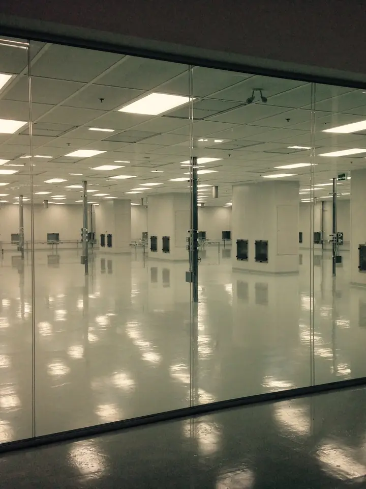 High gloss polyaspartic floor reflecting rows of ceiling lights in an empty commercial space