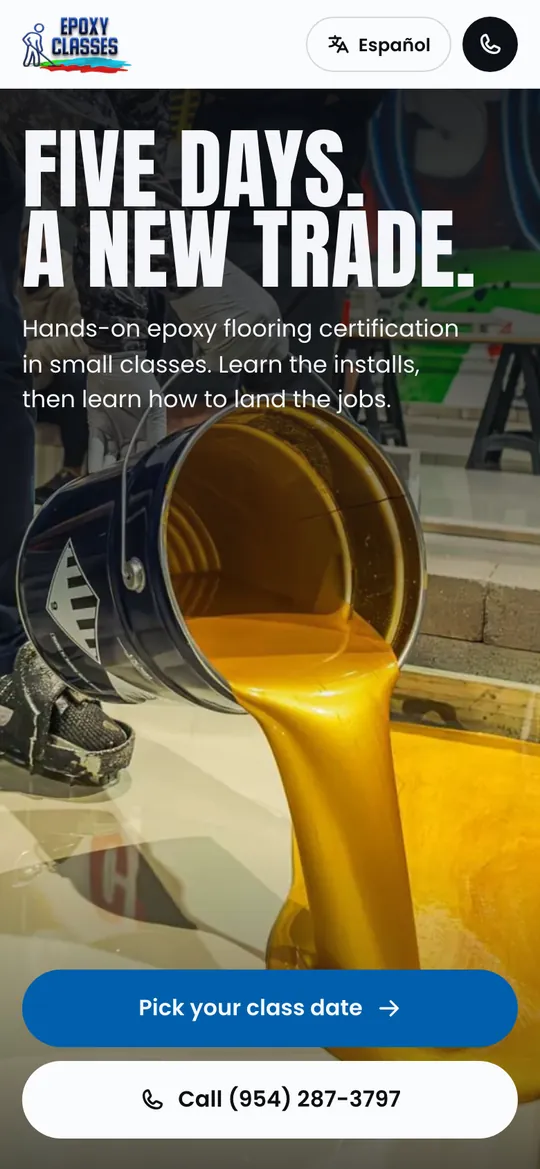 First screen of Option A on a phone: a gold epoxy pour under the headline Five days. A new trade.