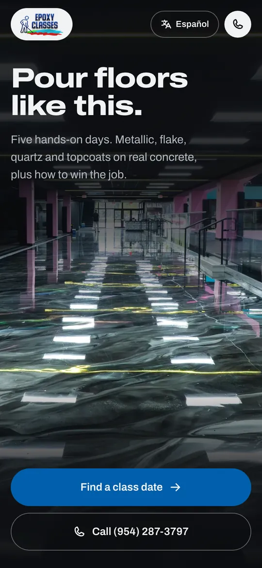 First screen of Option B on a phone: a glossy black metallic floor at night under the headline Pour floors like this.